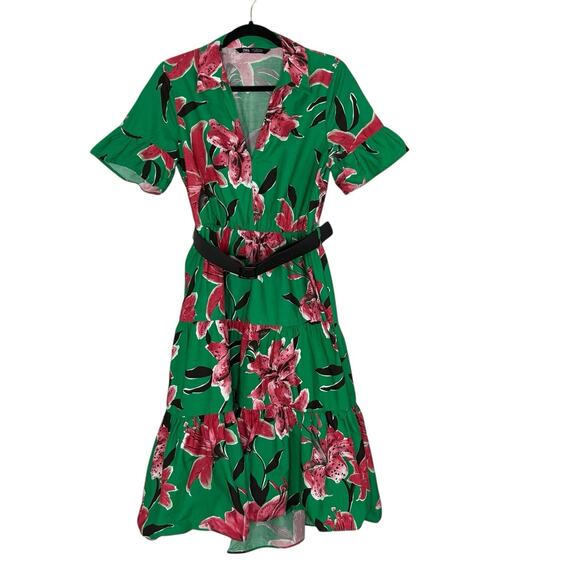 Zara Floral A Line Dress Belted Tiered Kelly Green Pink Colorful Dopamine Size L - Picture 2 of 6
